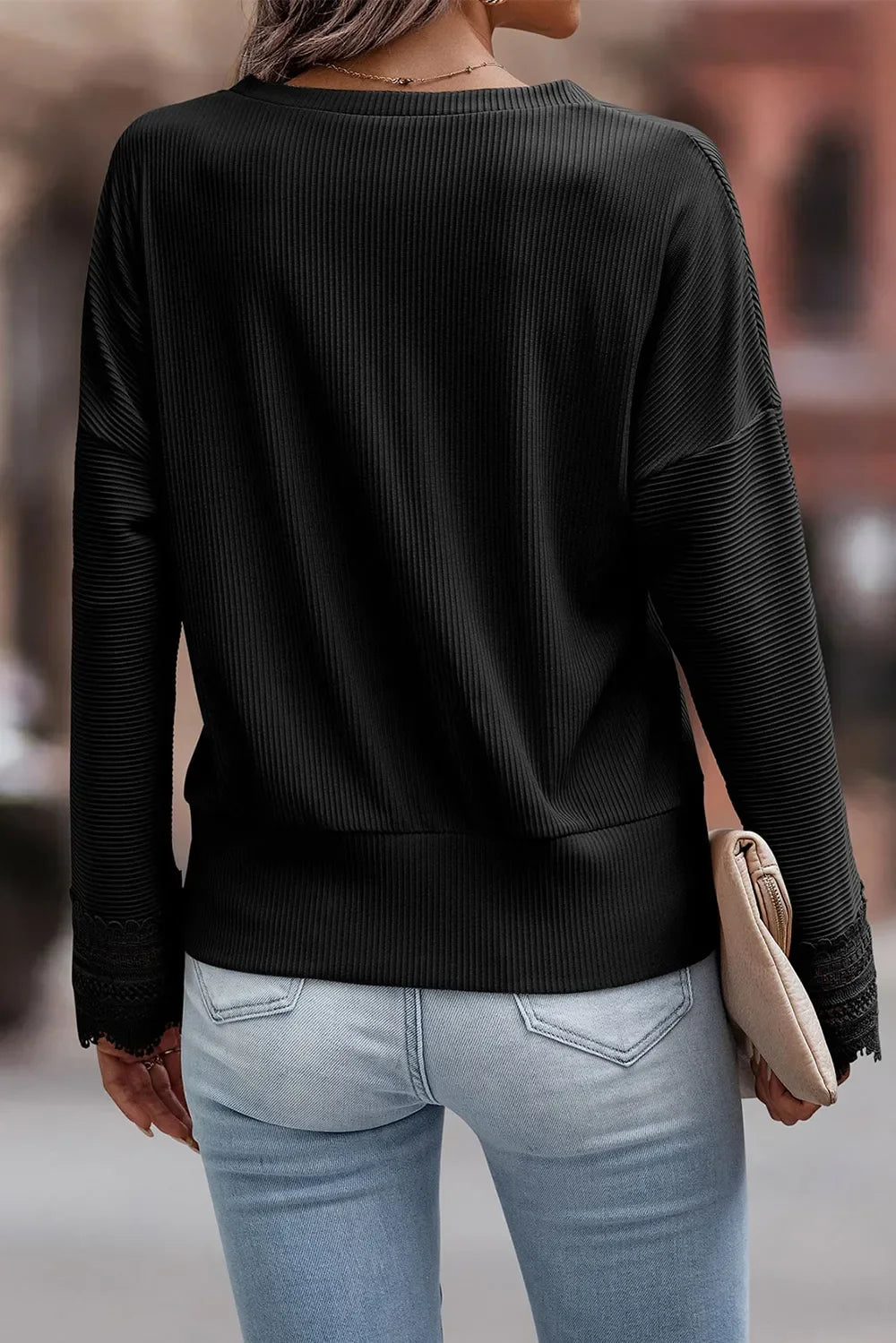 Lace Detail V-Neck Long Sleeve T-Shirt Top - Southern Shores Clothing
