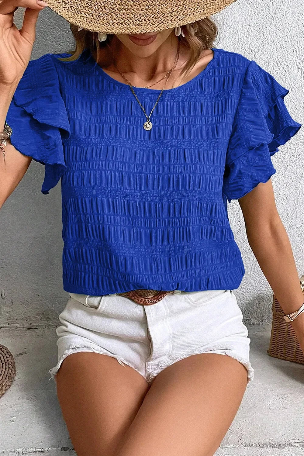 Round Neck Ruffle Sleeve Blouse For Casual Wear - Southern Shores Clothing