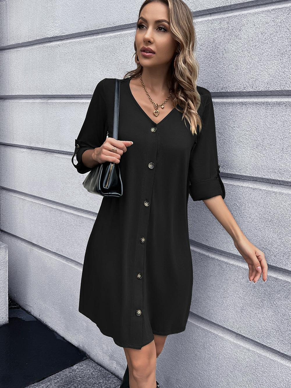 Casual Button Down V Neck Mini Dress Solid - Southern Shores Clothing