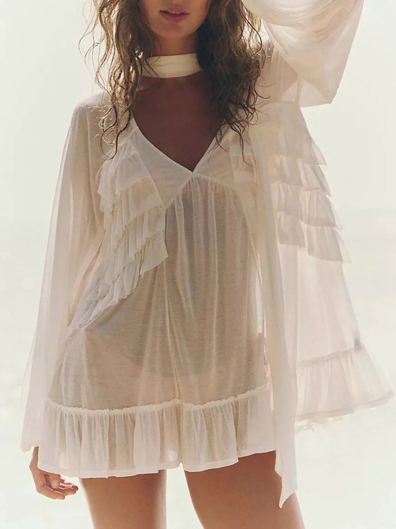 Sheer Ruffle Trim Cover Up With Layered Ruffles Relaxed Fit - Southern Shores Clothing