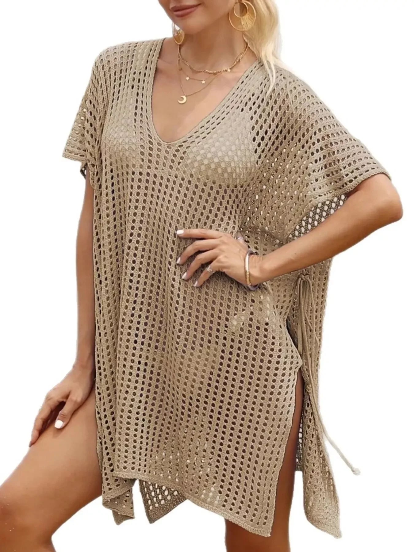 Openwork V-Neck Slit Cover-Up Mesh Knit Lightweight Relaxed Fit - Southern Shores Clothing