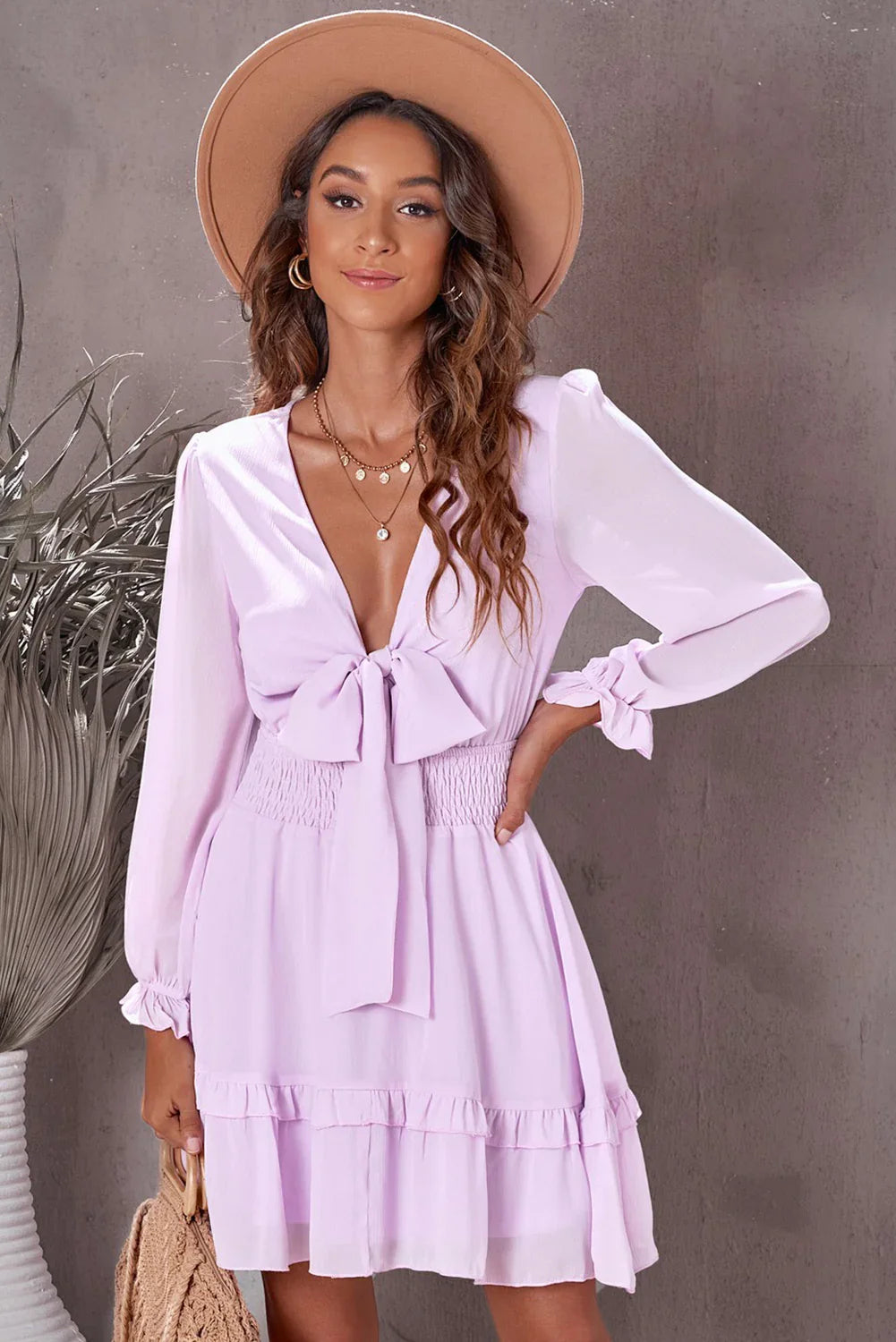 Tied Plunge Smocked Waist Flounce Sleeve Dress - Southern Shores Clothing
