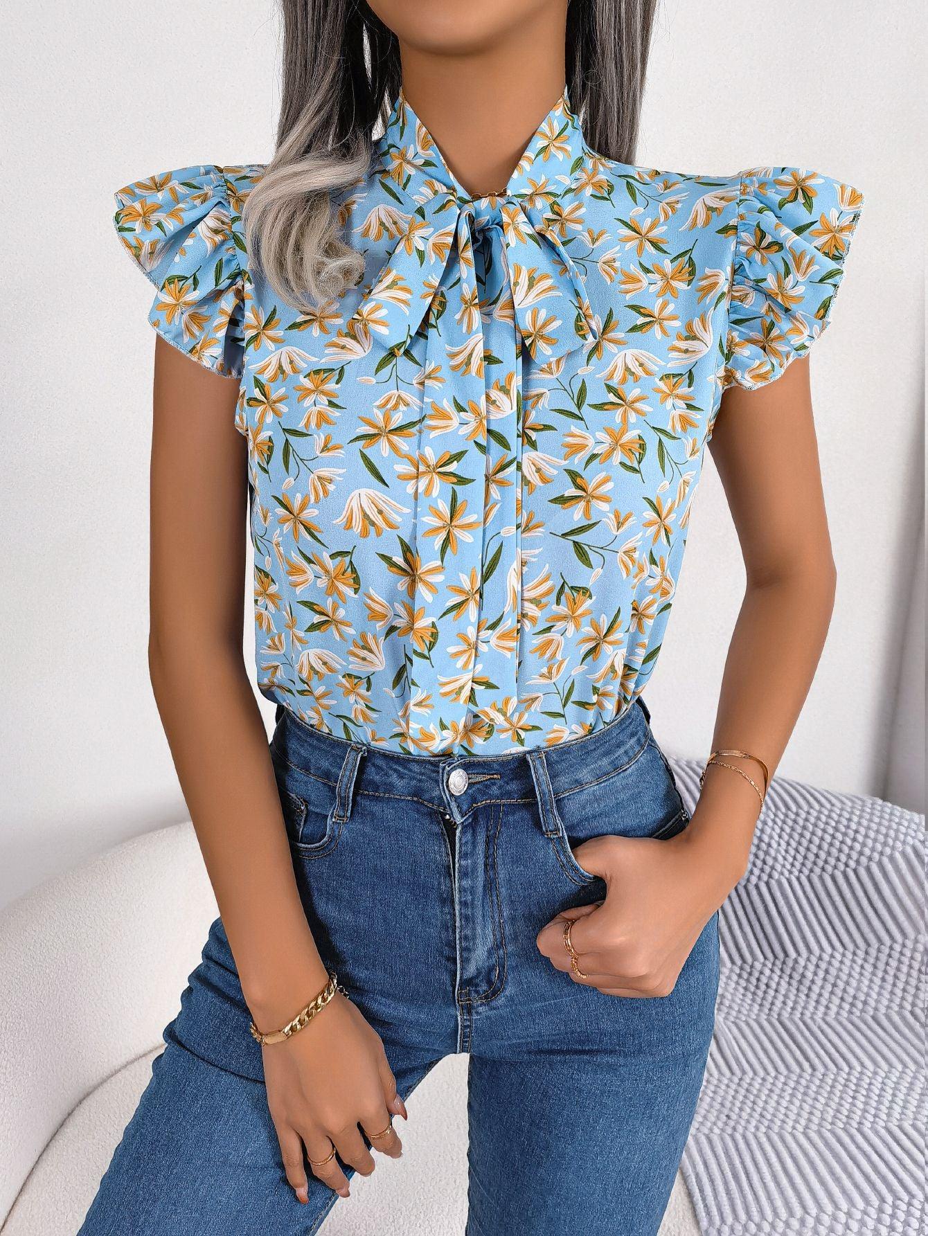 Floral Printed Tie Neck Flutter Sleeve Blouse Polyester - Southern Shores Clothing