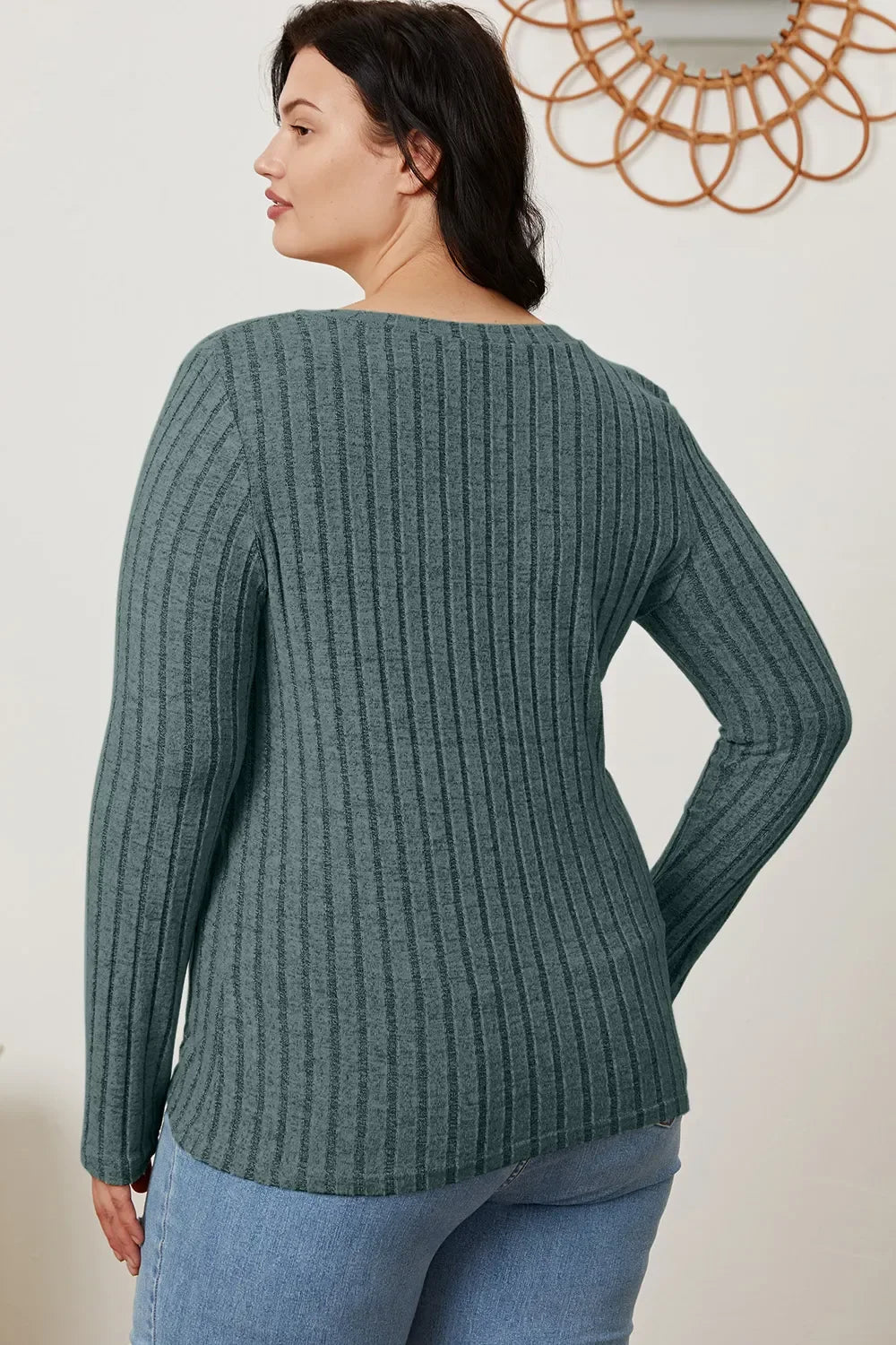 Classic Ribbed V-Neck Long Sleeve Knit Tee Top - Southern Shores Clothing