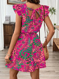 Paisley Print Ruffle Sleeve Belted Mini Dress Silhouette - Southern Shores Clothing