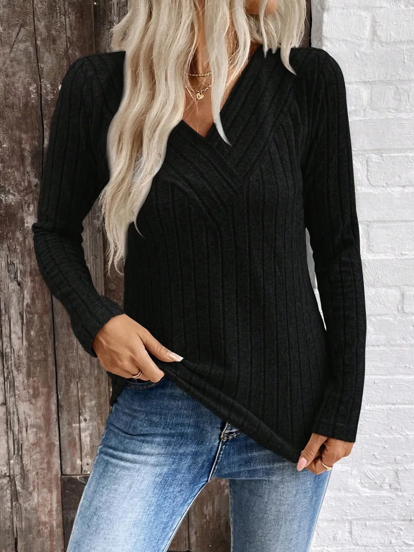 Ribbed V-Neck Long Sleeve Knit T-Shirt - Southern Shores Clothing