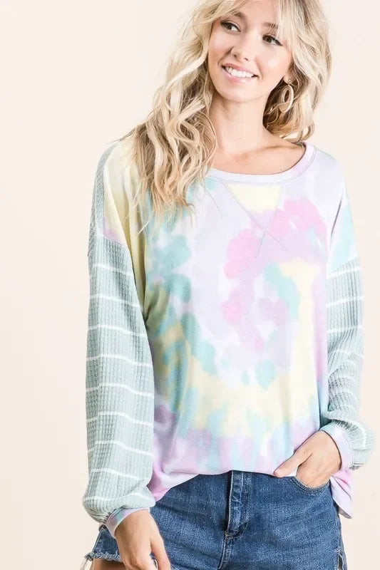 Tie Dye Terry Top With Wide Stripe Thermal Waffle - Southern Shores Clothing