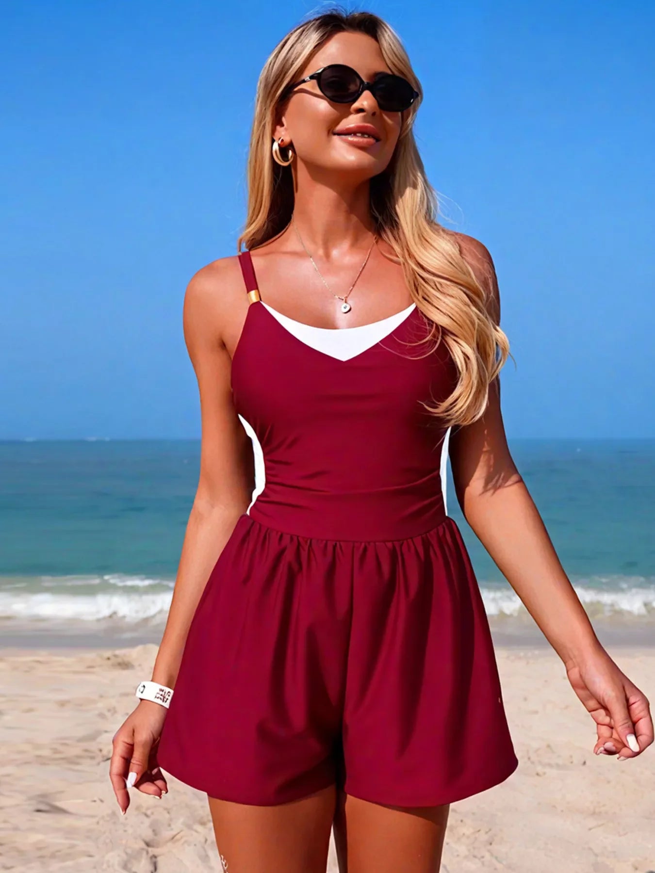 Block Pattern Adjustable Strap One Piece Swimsuit For Summer - Southern Shores Clothing
