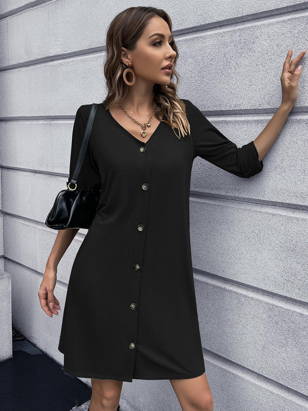 Casual Button Down V Neck Mini Dress Solid - Southern Shores Clothing