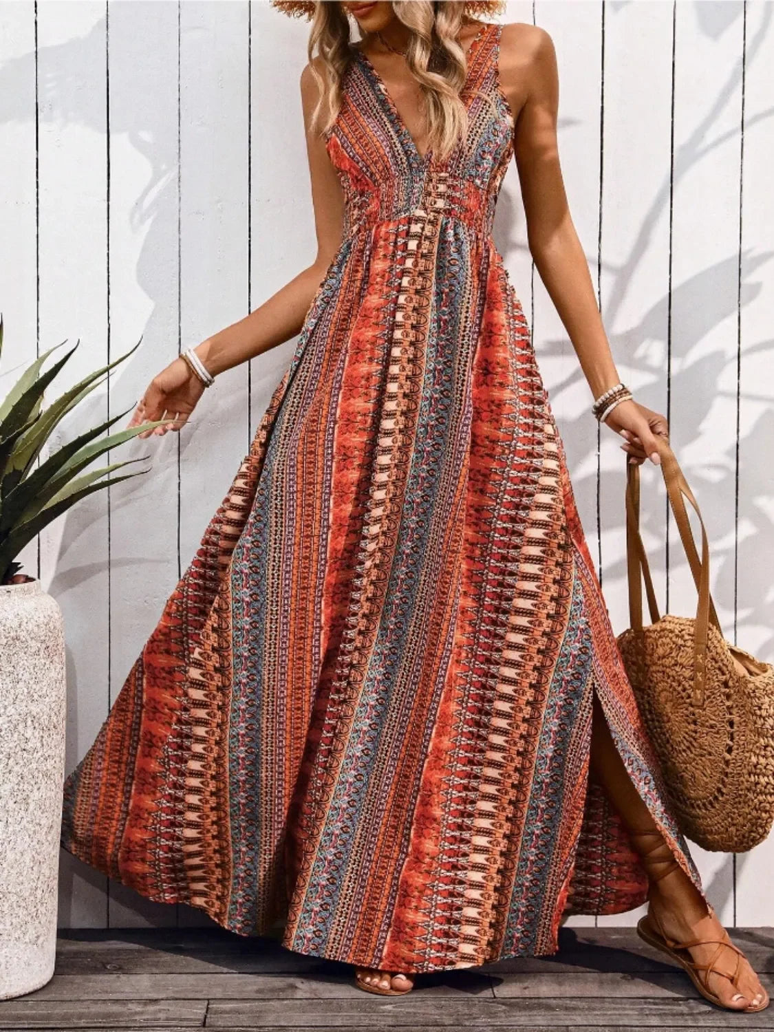Printed All-Over Tied-Back Sleeveless Maxi Dress With Slit - Southern Shores Clothing