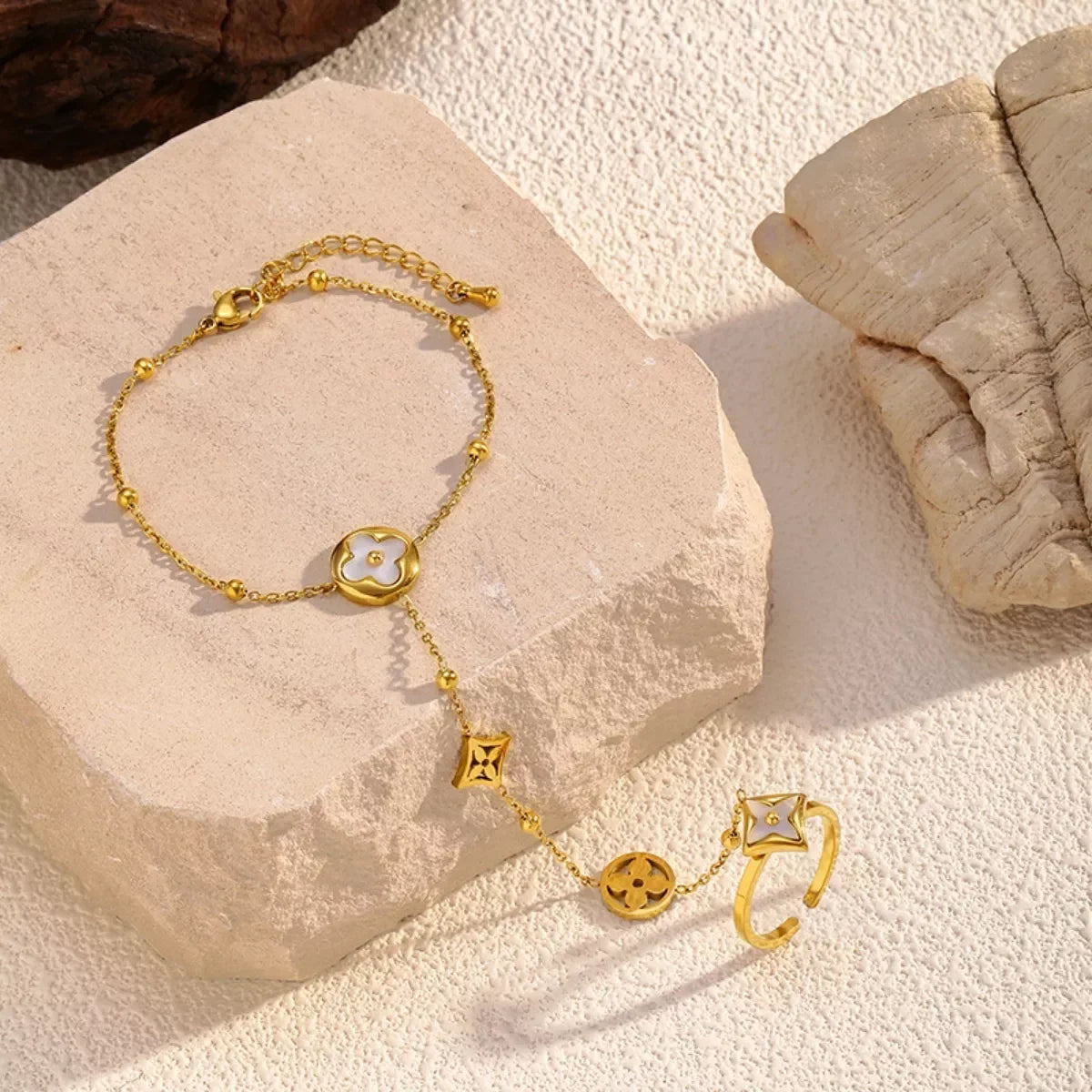 Gold-Plated Clover Charm Hand Chain Bracelet - Southern Shores Clothing