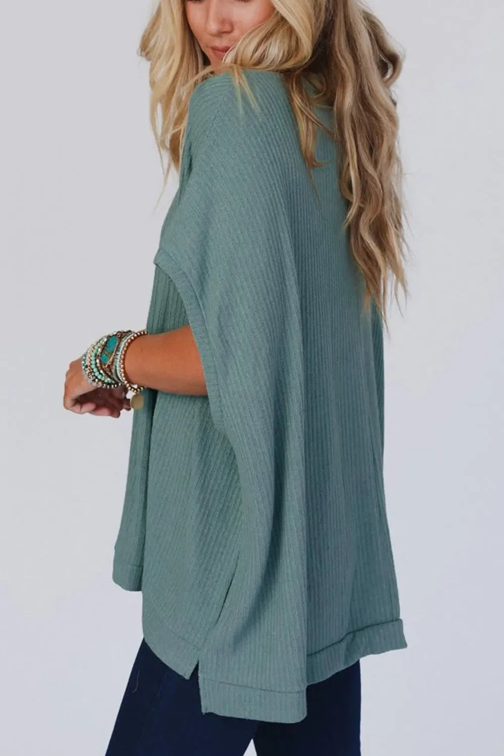 Oversized Ribbed Knit V Neck Dolman Short Sleeve Top - Southern Shores Clothing
