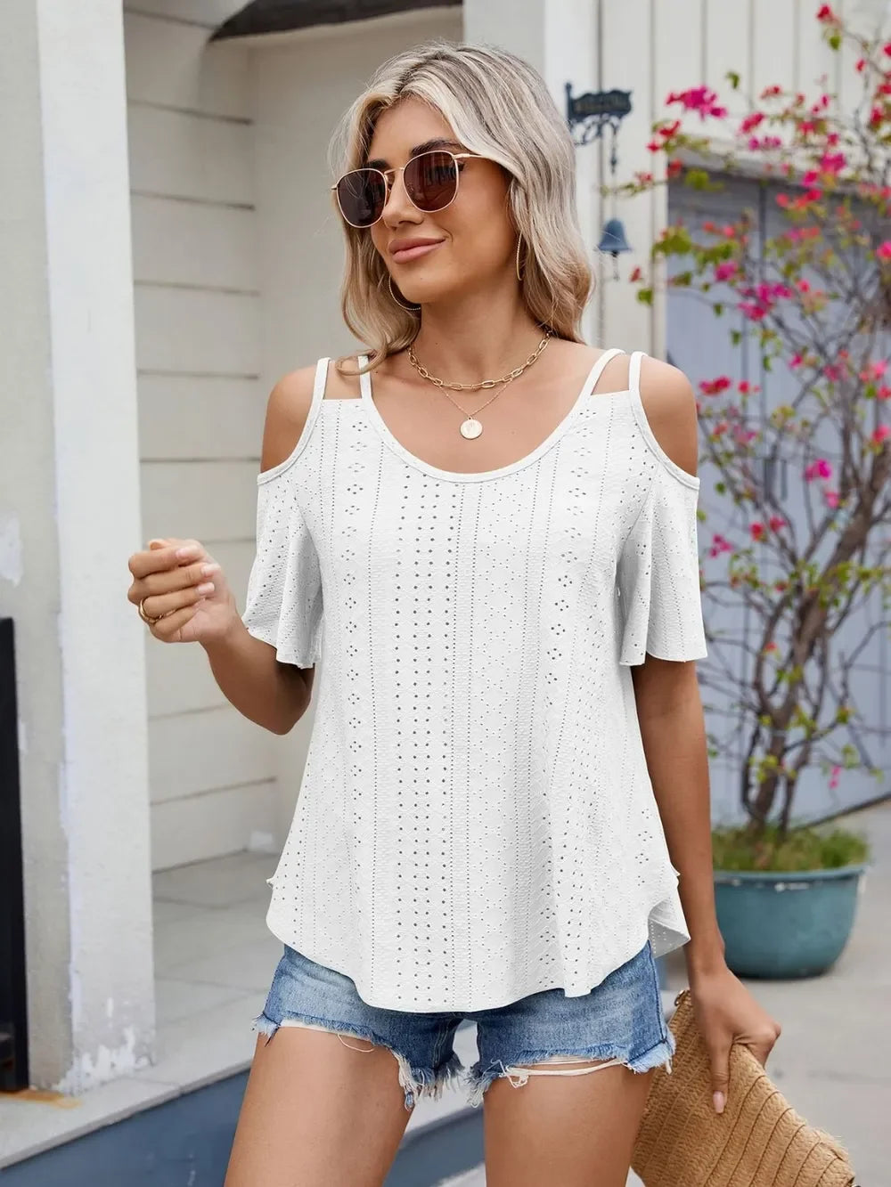 Florira Round Neck Cold Shoulder Eyelet T-Shirt - Southern Shores Clothing