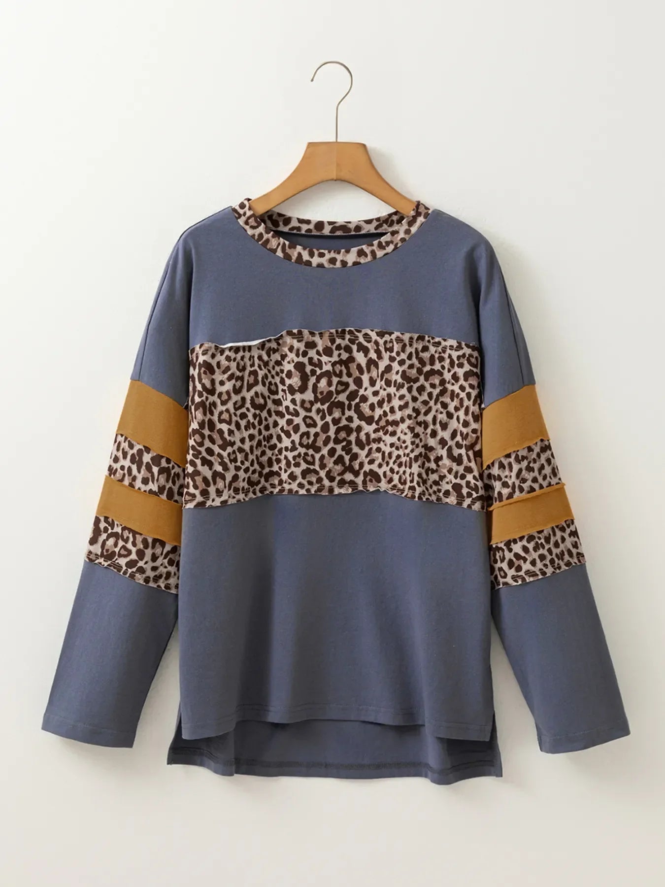 Leopard Color Block Cotton Long Sleeve Drop Shoulder Top - Southern Shores Clothing