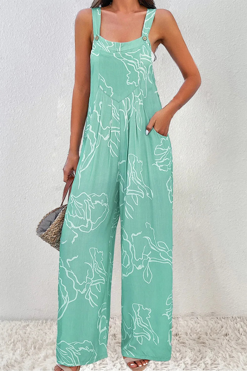 Printed Wide Strap Jumpsuit With Pockets - Southern Shores Clothing