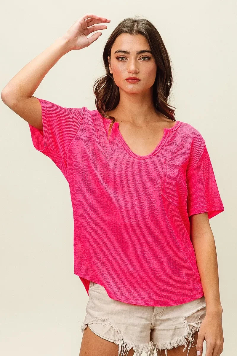 Waved Rib V Neck Top With Front Pocket Relaxed Fit - Southern Shores Clothing