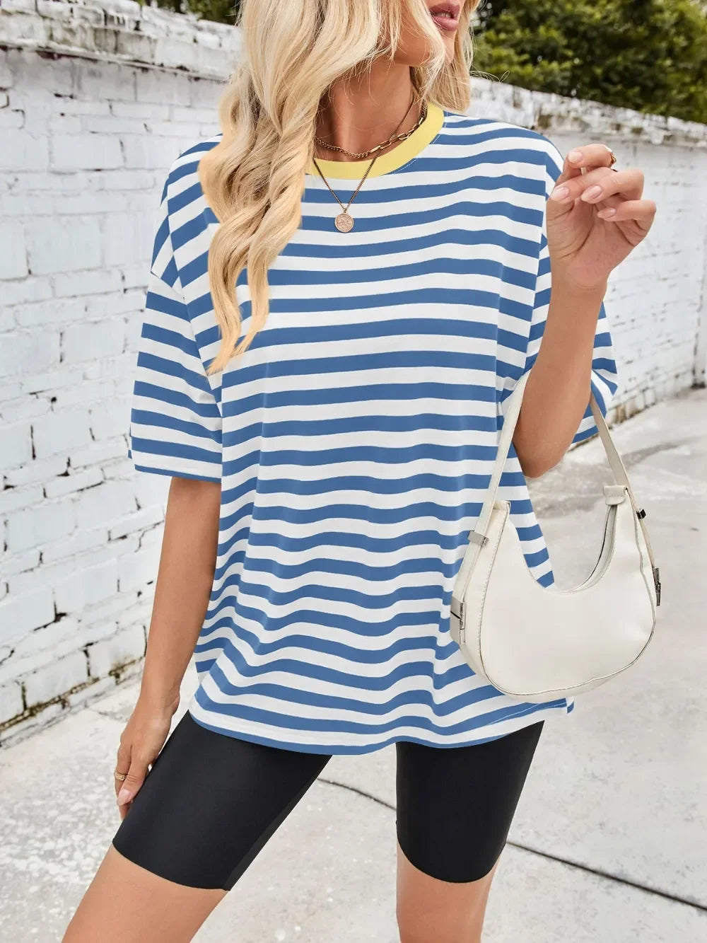 Striped Round Neck Half Sleeve Stretchy T Shirt - Southern Shores Clothing