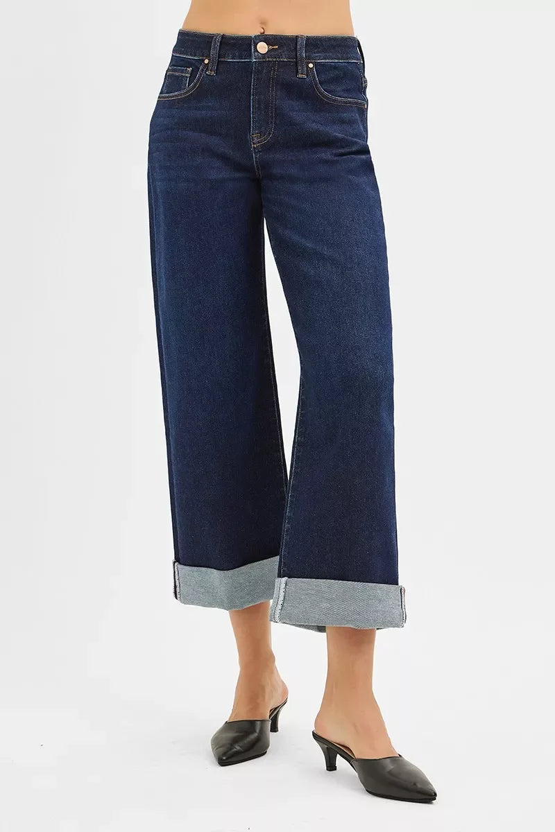 Mid Rise Ankle Wide Leg Roll Up Denim Jeans - Southern Shores Clothing