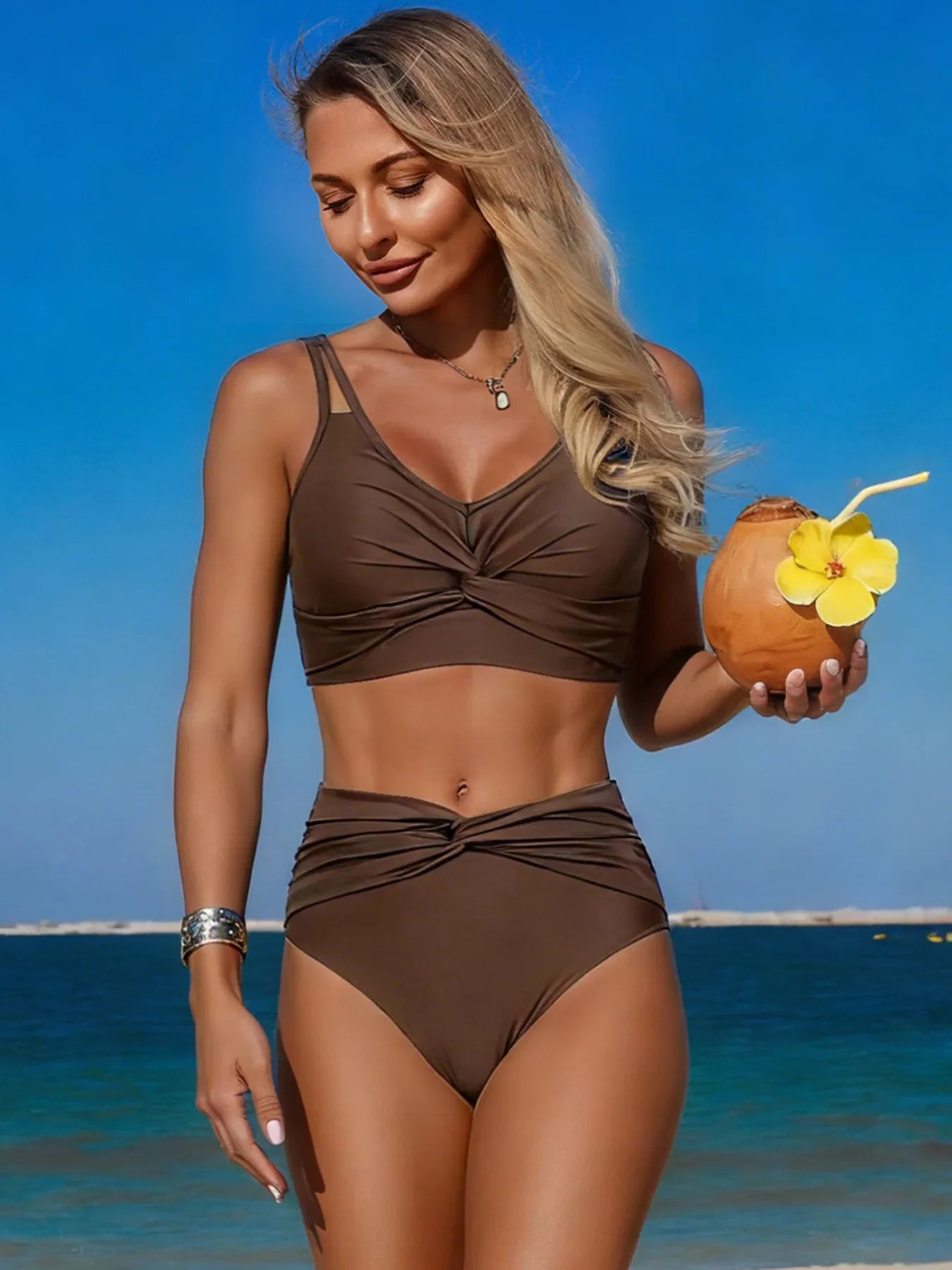 Twist Front High Waisted Two Piece Swim Set - Southern Shores Clothing