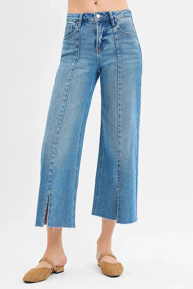 Tummy Control Mid Rise Crop Jeans With Wide Front Slits - Southern Shores Clothing