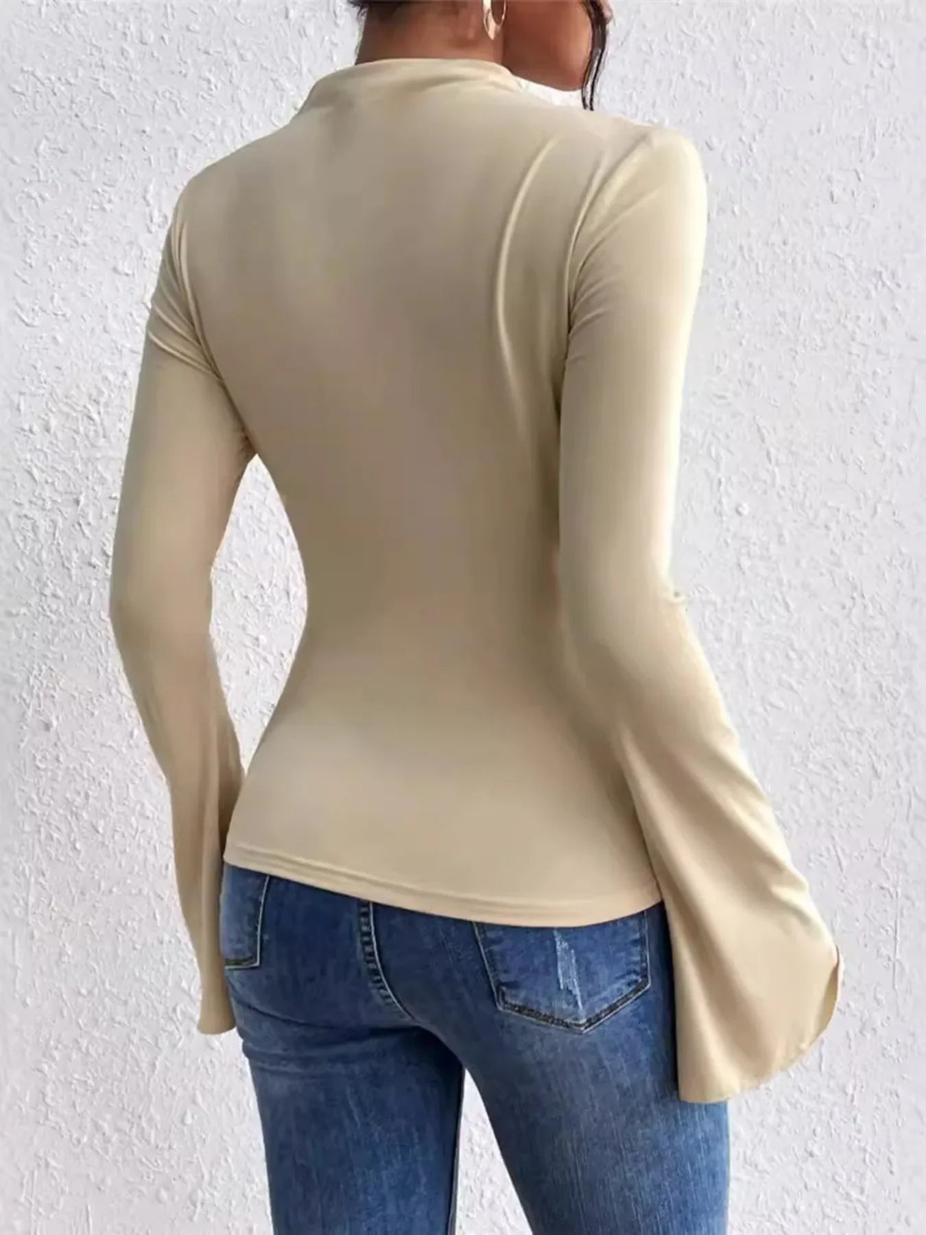 Bell Sleeve Ruched Fitted T-Shirt with Mock Neck - Southern Shores Clothing