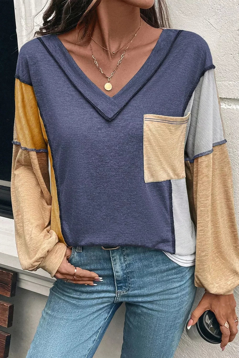 Color Block V Neck Long Sleeve T Shirt With Pocket - Southern Shores Clothing