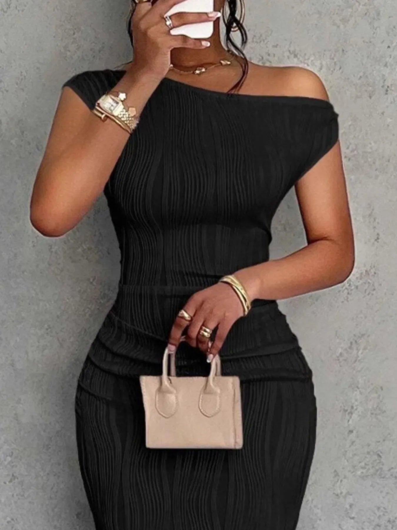 Textured Single Shoulder Bodycon Maxi Dress - Southern Shores Clothing