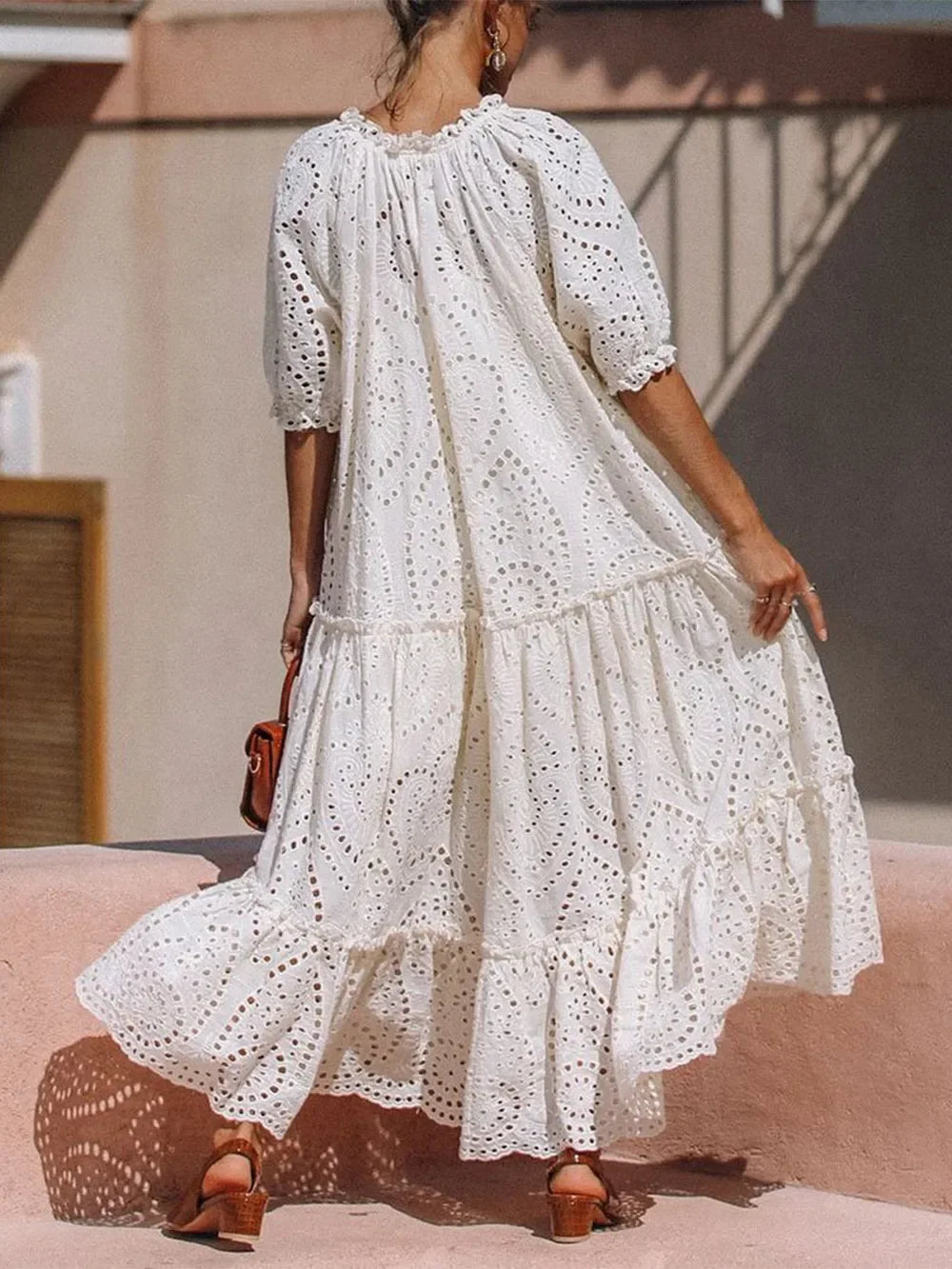 Tie Neck Half Sleeve Tiered Eyelet Dress With Delicate Detailing - Southern Shores Clothing