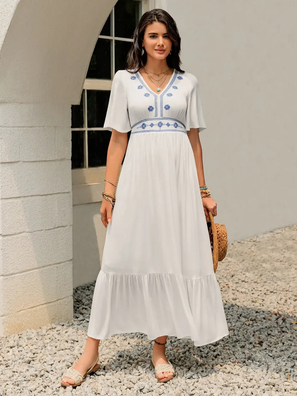 Ruffled Hem V Neck Flutter Sleeve Dress With Embroidered Trim - Southern Shores Clothing