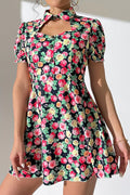 Shiny Floral Buttoned Cutout Puff Sleeve Dress - Southern Shores Clothing