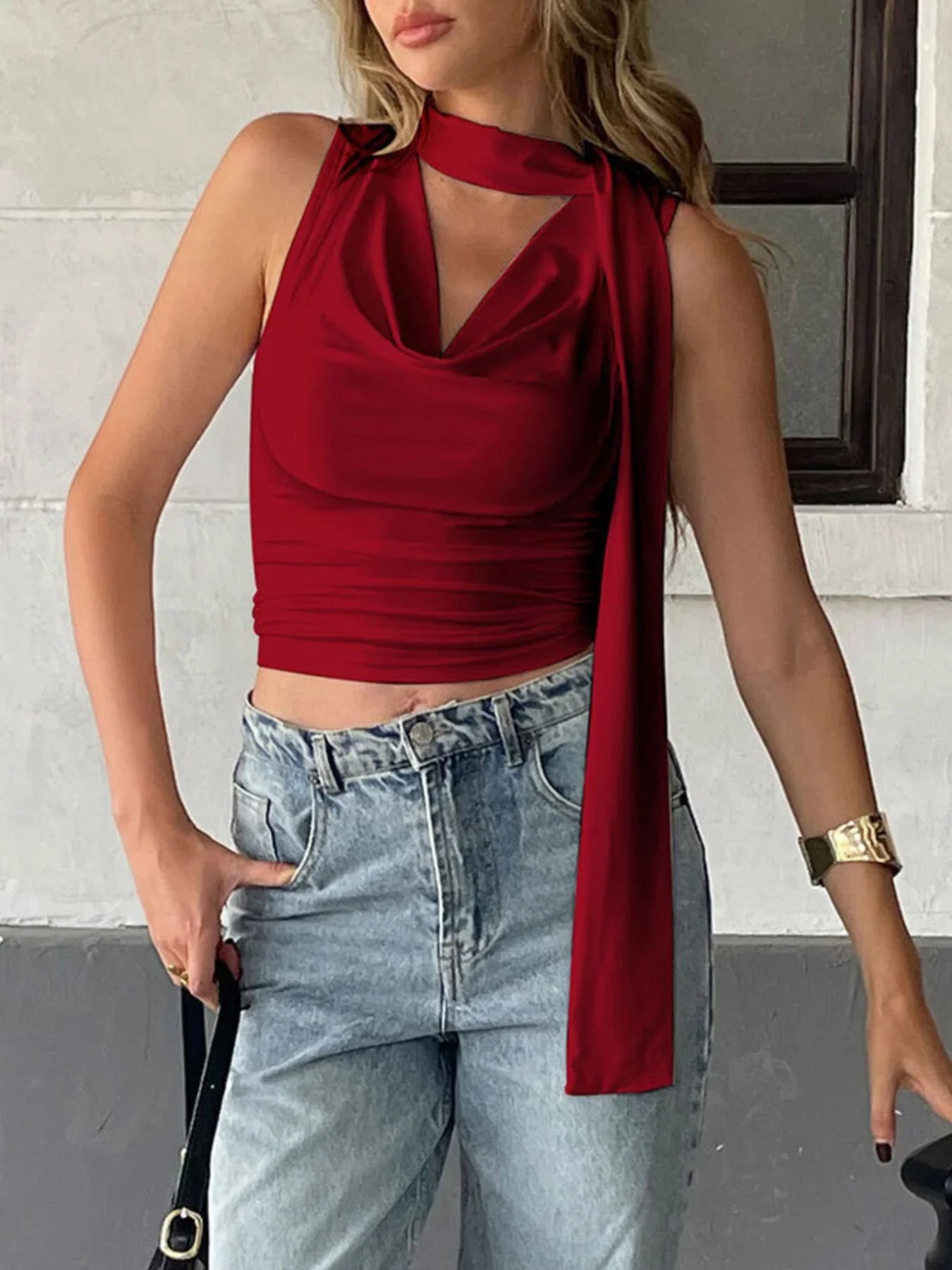 Ruched Cowl Neck Cami Top With Slight Stretch Slim Fit Silhouette - Southern Shores Clothing