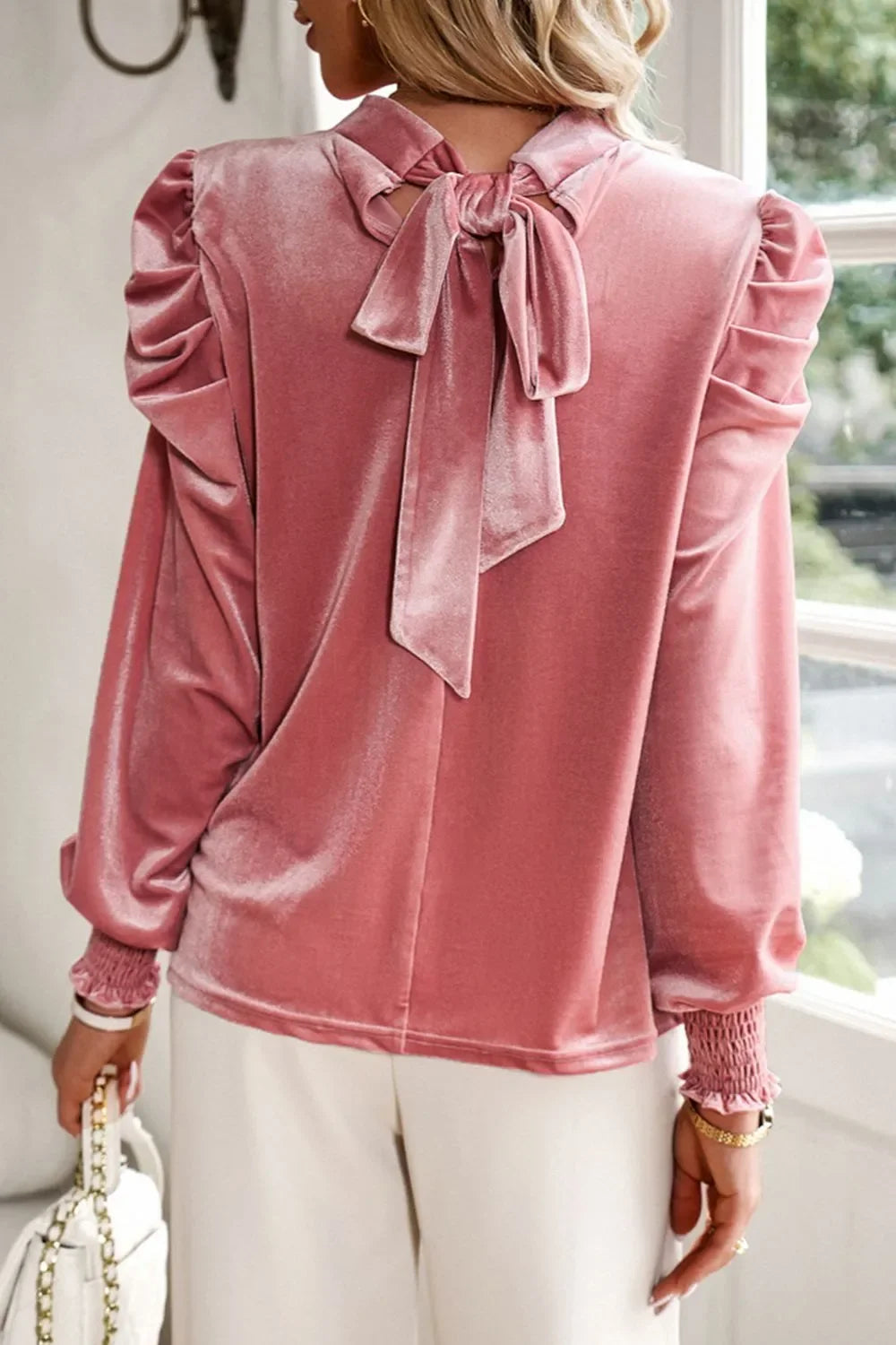 Southern Shores Clothing Long Sleeve Tie Up Mock Neck Velvet Fabric Blouse Design For Everyday Wear - Southern Shores Clothing