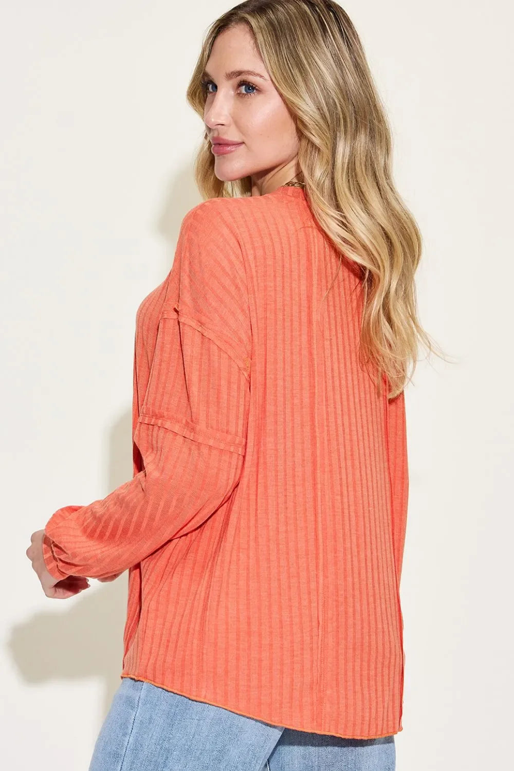 Ribbed Round Neck Long Sleeve T Shirt Basics - Southern Shores Clothing