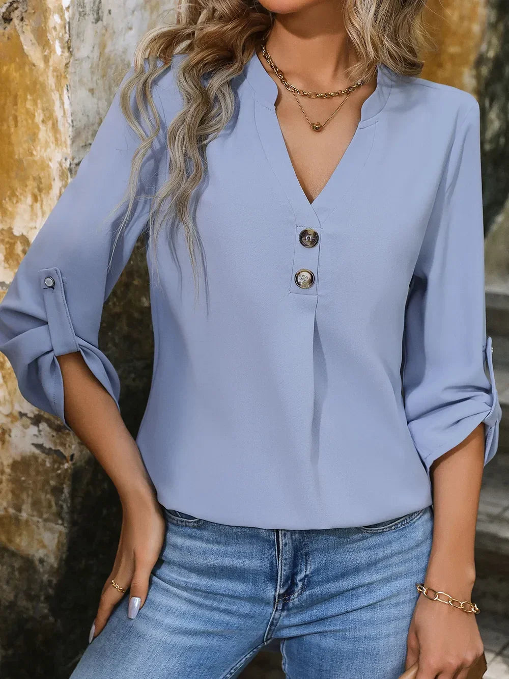 Notched Roll-Tab Sleeve Polyester Blouse - Southern Shores Clothing