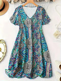 Boho Paisley Print V-Neck Short Sleeve Polyester Dress For Summer - Southern Shores Clothing