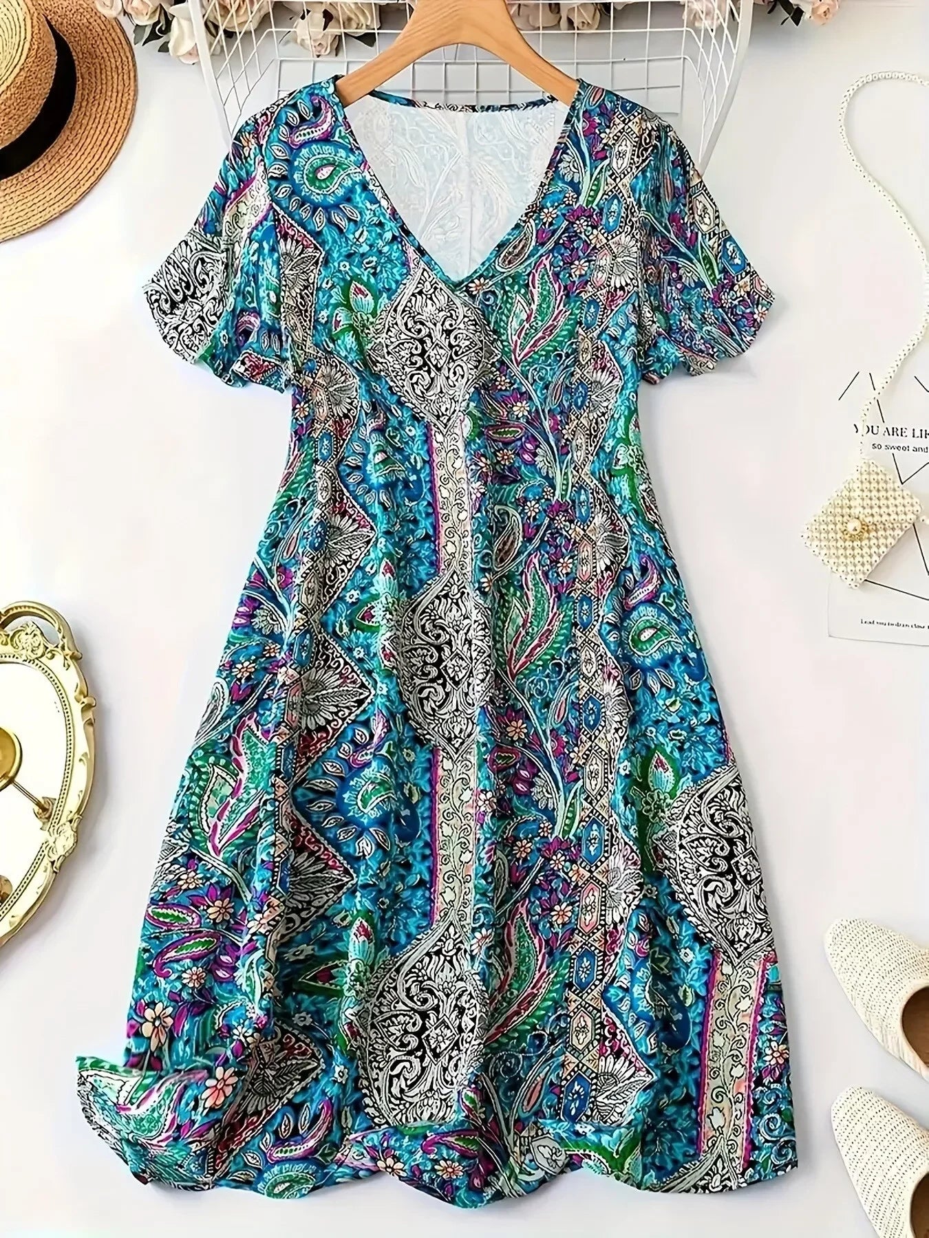 Boho Paisley Print V-Neck Short Sleeve Polyester Dress For Summer - Southern Shores Clothing
