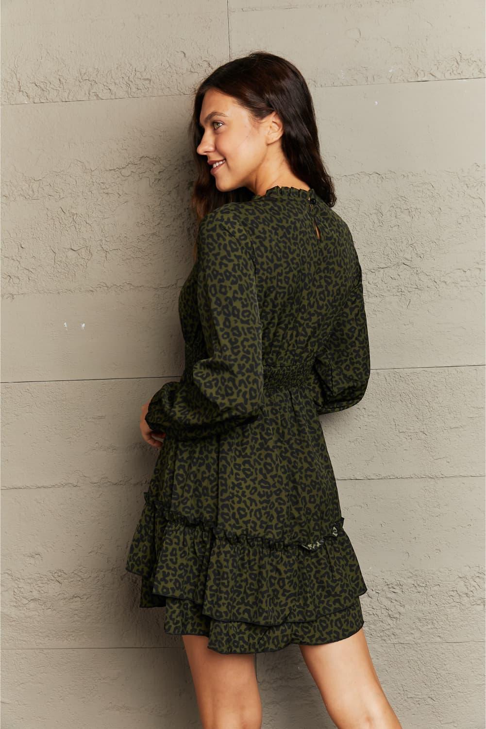 Leopard Print Smocked Waist Long Sleeve Dress - Southern Shores Clothing