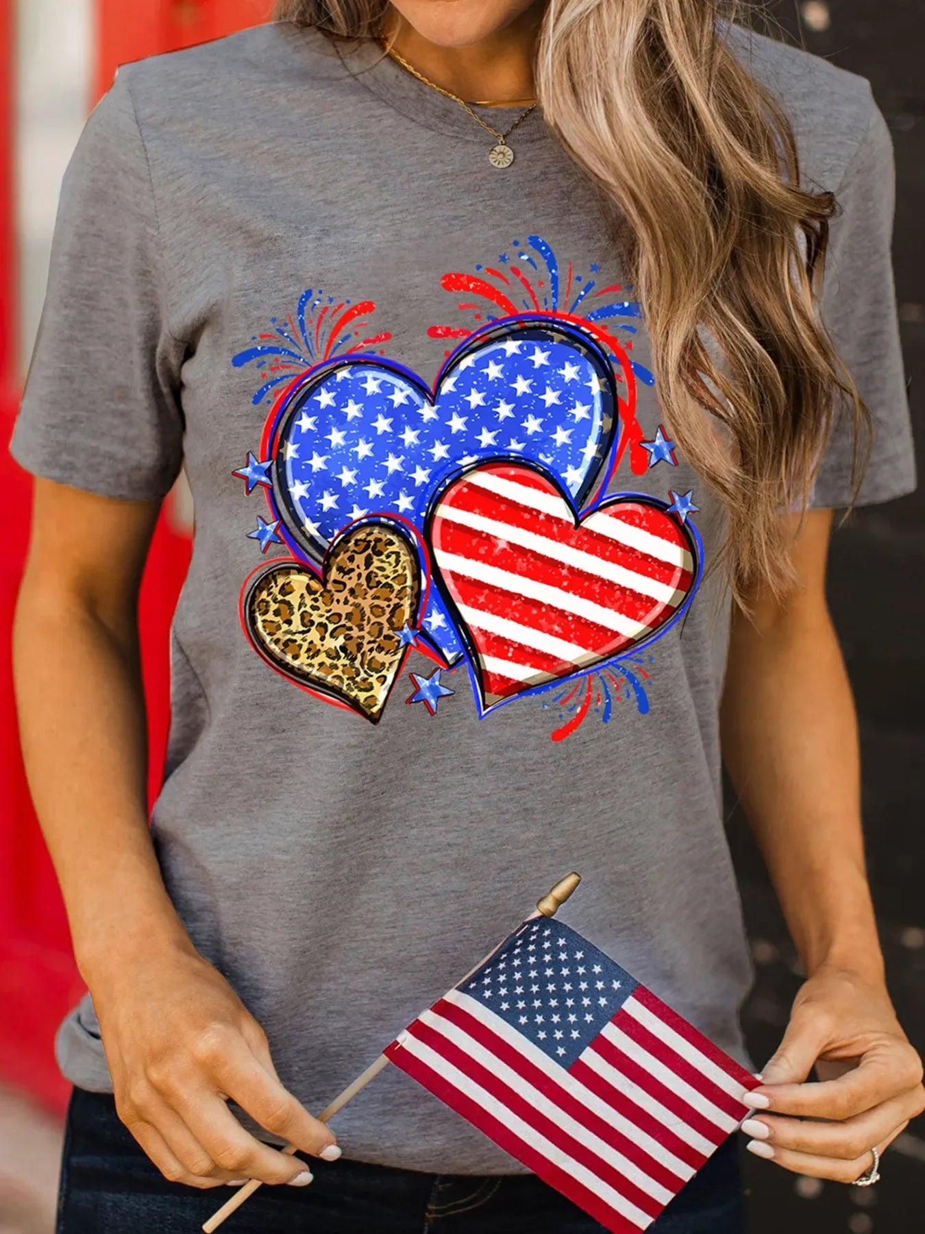 Heart Graphic Round Neck T Shirt Leopard Accent - Southern Shores Clothing