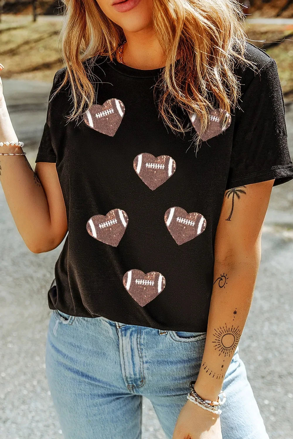 Game Day Football Heart Round Neck T Shirt Sequin Detail | Southern Shores Clothing - Southern Shores Clothing