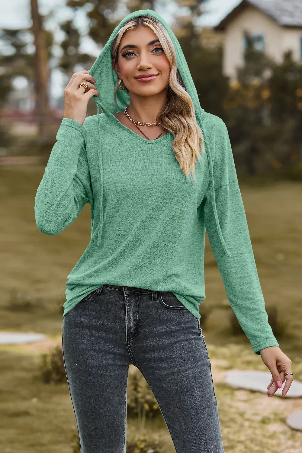 Hooded Drawstring T Shirt With Dropped Shoulder Stretchy - Southern Shores Clothing