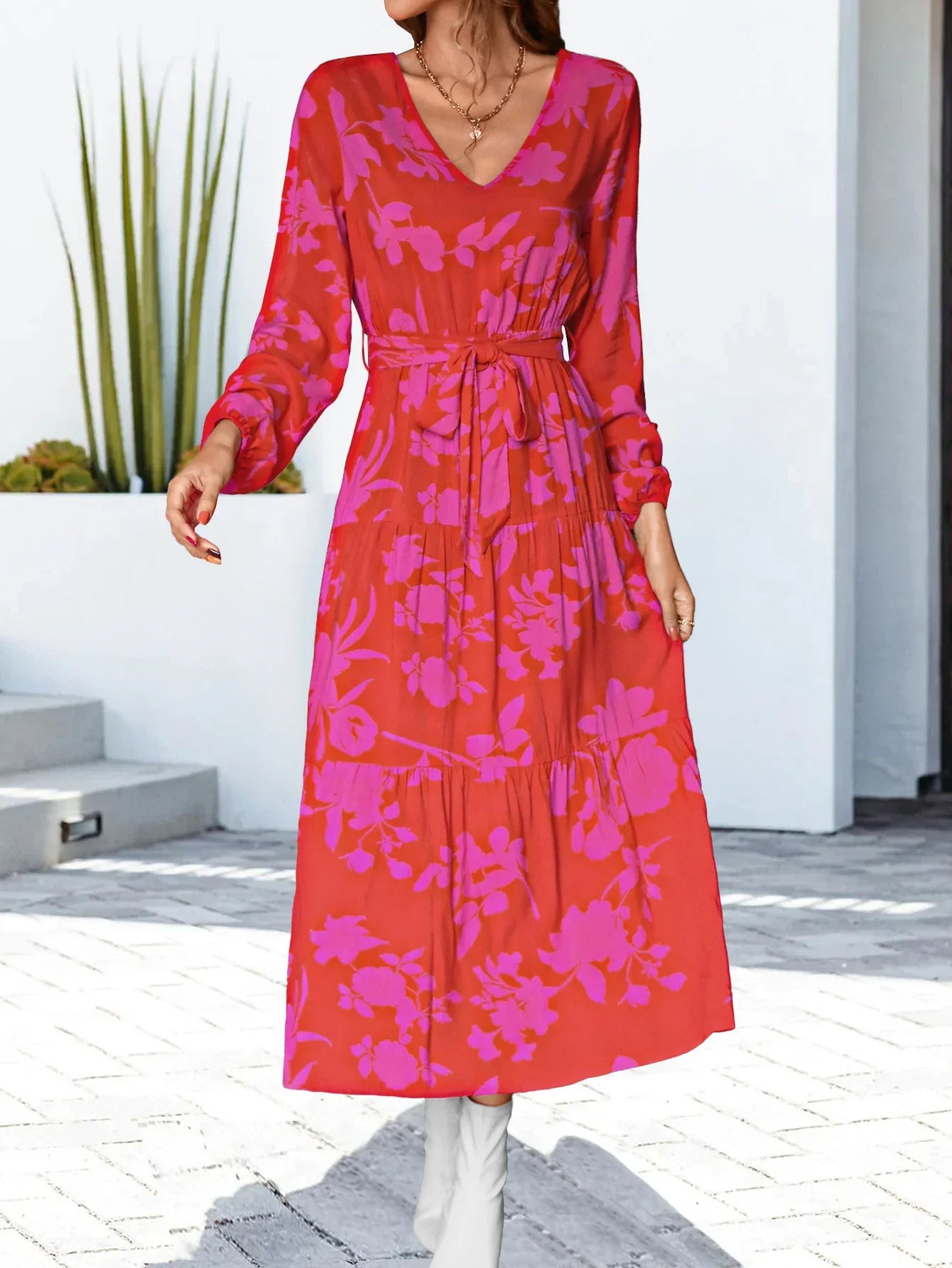 Floral V-Neck Long Sleeve Dress - Southern Shores Clothing