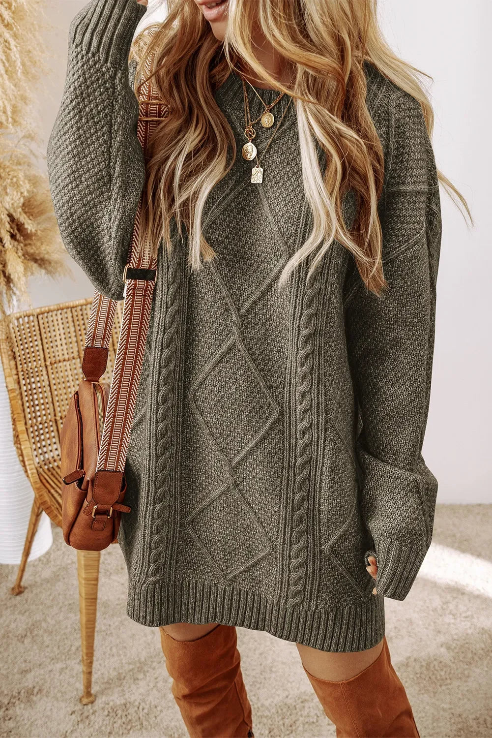 Casual Cable-Knit Round Neck Sweater Dress