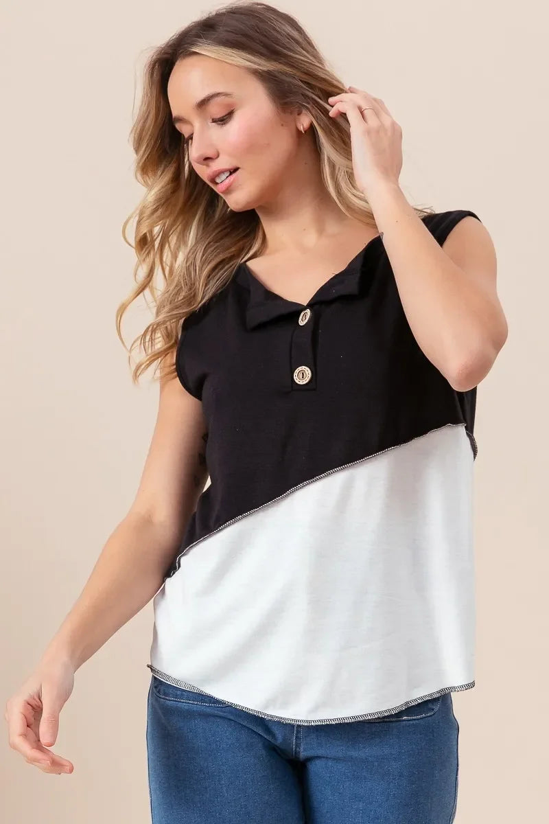 Block Design Buttoned Henley Top With Contrast Stitching - Southern Shores Clothing
