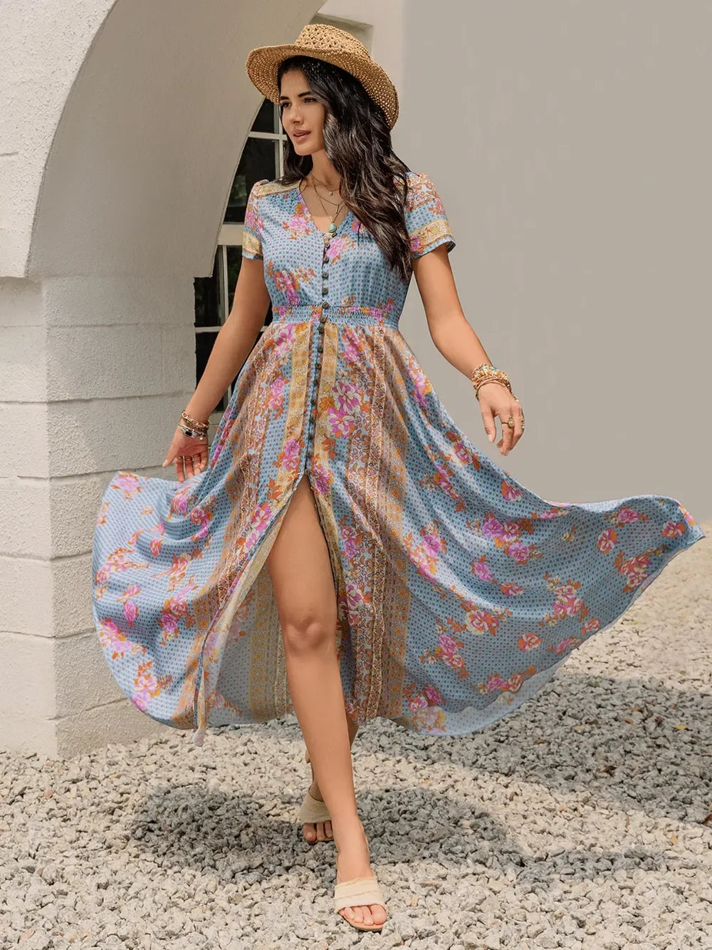 Smocked Floral V-Neck Midi Dress With Buttoned Slit Ruched - Southern Shores Clothing