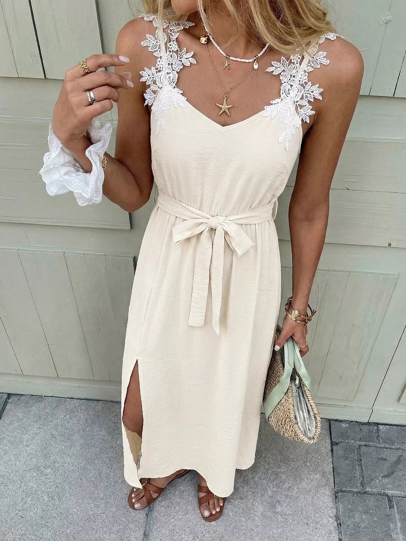 Lace Trimmed Slit Maxi Dress With Tie Detail