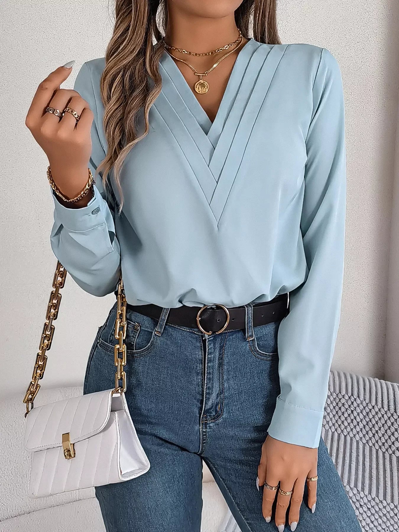 Layered V-Neck Long Sleeve Polyester Blouse - Southern Shores Clothing