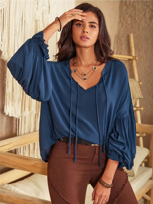 Long Sleeve Tie Neck Blouse Viscose For Versatile Wear - Southern Shores Clothing