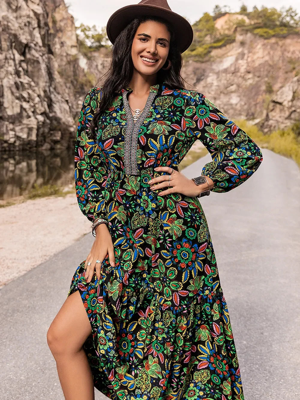 Printed Notched Neck Maxi Dress For Coastal Style - Southern Shores Clothing