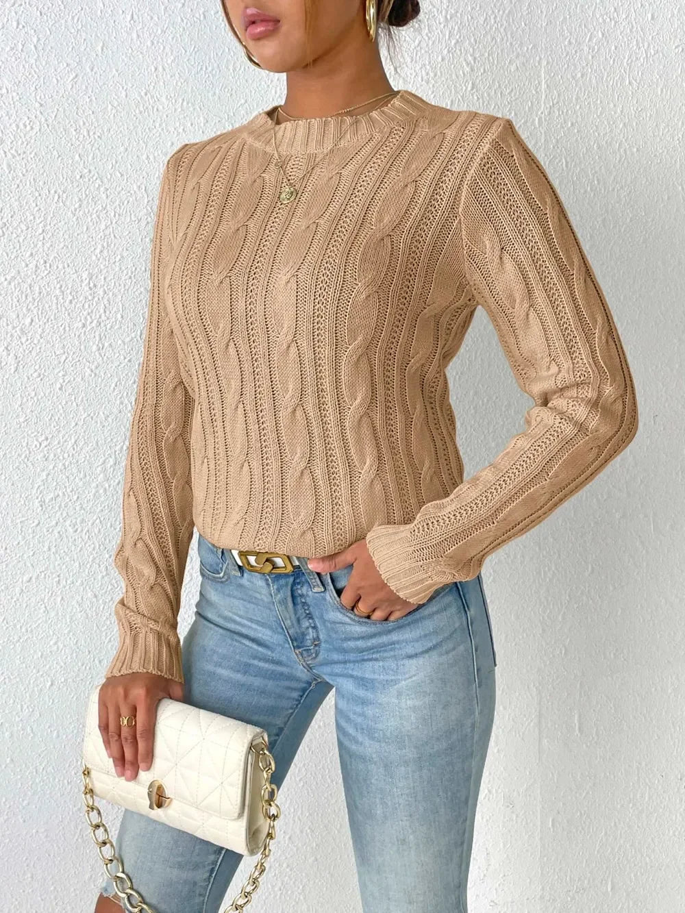 Cable Knit Round Neck Sweater With Stretch - Southern Shores Clothing