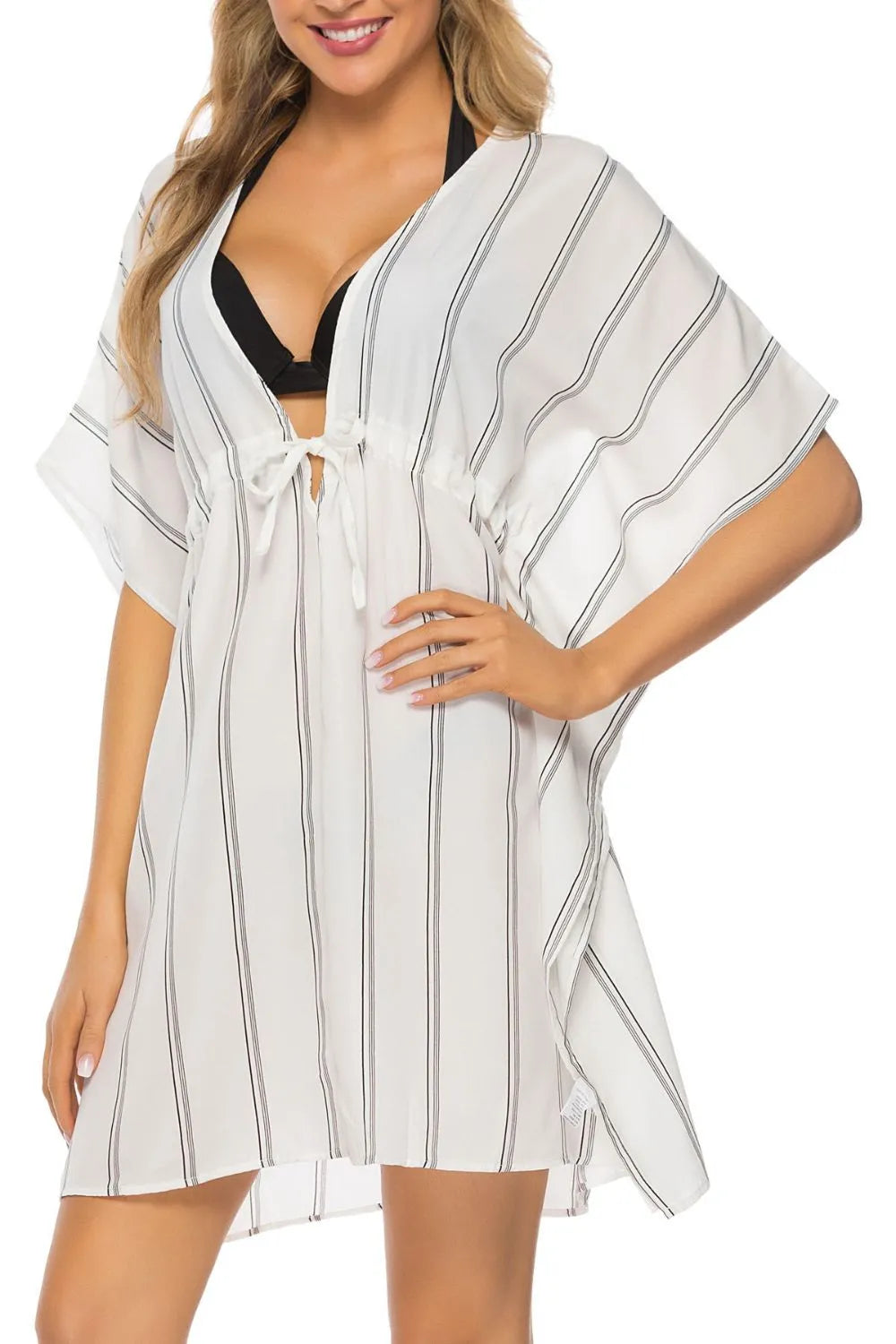 Southern Shores Women's Drawstring Striped V-Neck Cover-Up